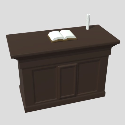 A model of a wide podium with an open book and tall candle