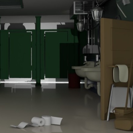 A modeled scene of a bathroom with stalls
