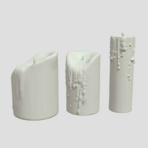 A model of 3 partially melted candles with wax drips on their sides