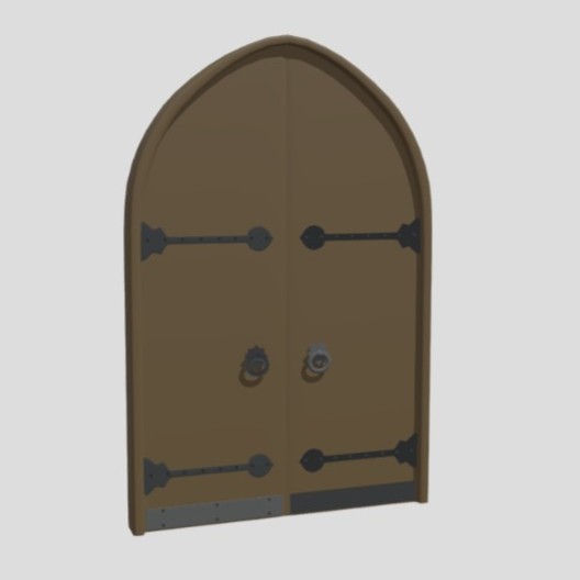 A model of a large wooden double door with iron hardware