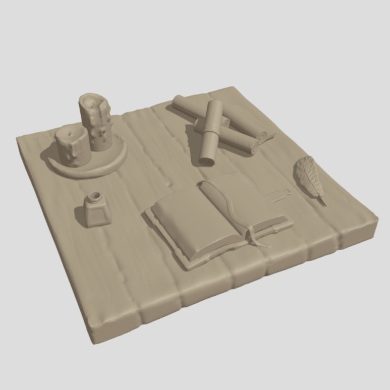 A model of a tabletop with scrolls, a book, candles, inkpot, and quill