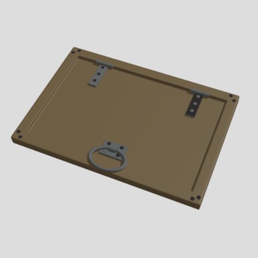 A model of a rectangular wooden trap door with iron hardware